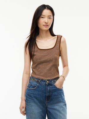 Striped Pointelle Square-Neck Tank Top, Heartwood Brown