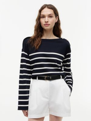 Breton Stripe Cotton Interlock T-Shirt, Navy Blue / Silk Stripe