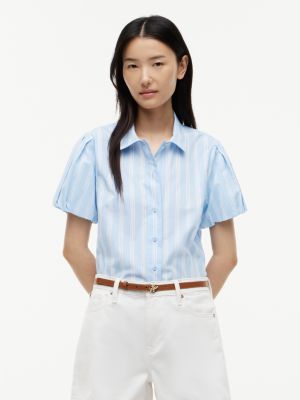 Puff-Sleeve Striped Poplin Shirt, Vessel Blue