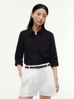 Gauze Roll-Tab Pocket Shirt, Black