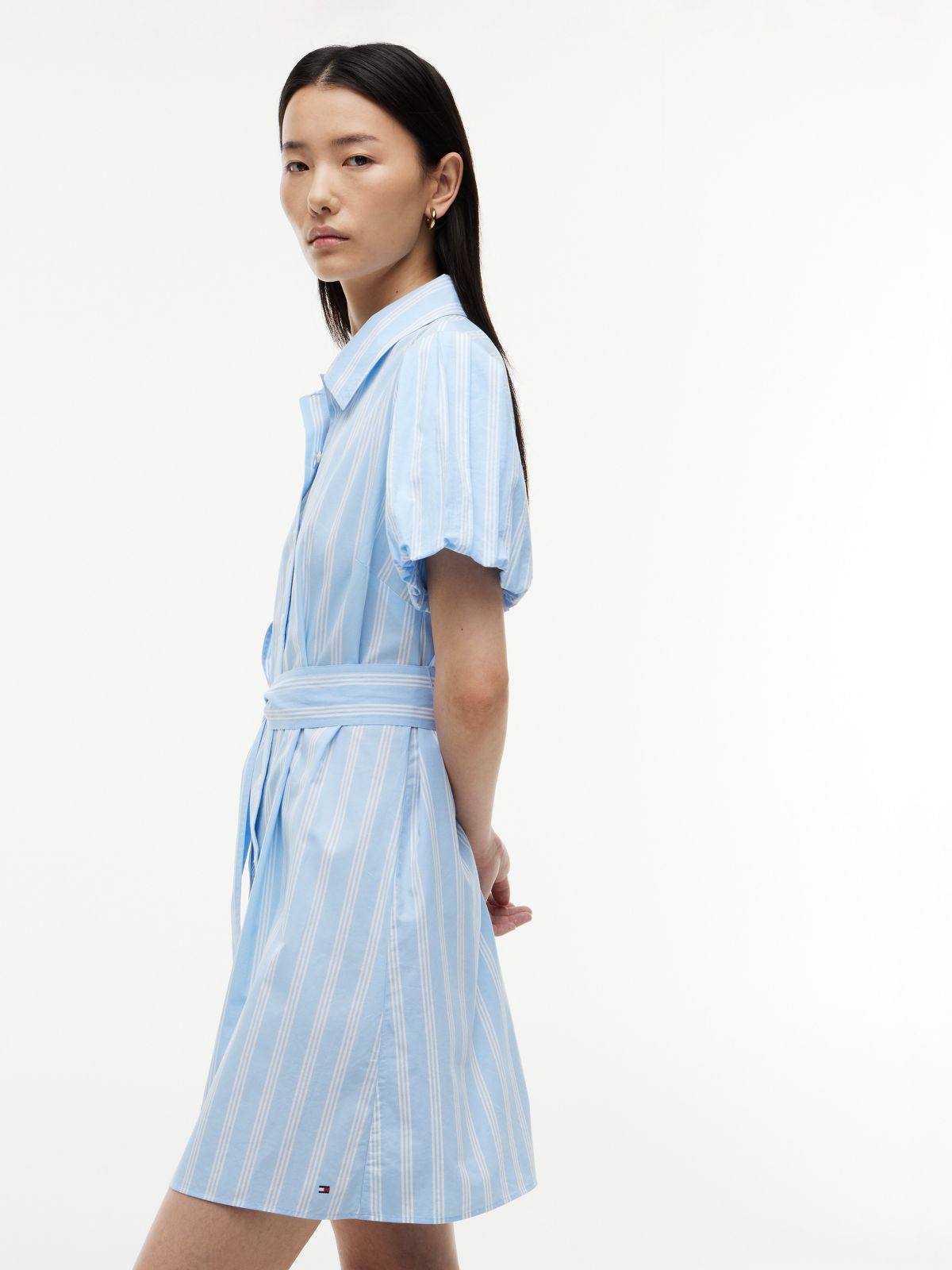 Striped Puff-Sleeve Poplin Shirtdress — Vessel Blue