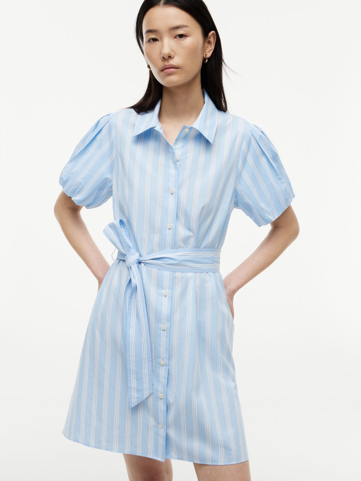 Striped Puff-Sleeve Poplin Shirtdress — Vessel Blue