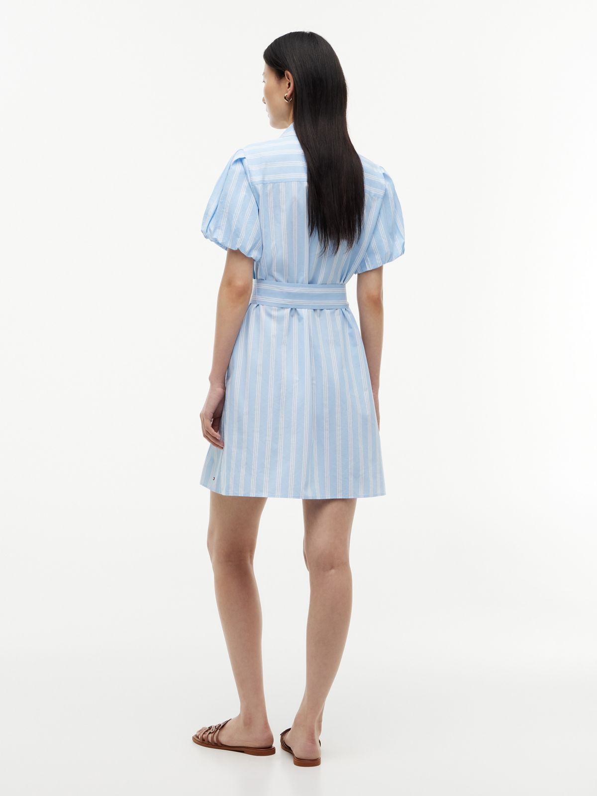 Striped Puff-Sleeve Poplin Shirtdress — Vessel Blue