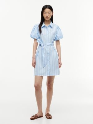 Striped Puff-Sleeve Poplin Shirtdress, Vessel Blue