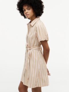 Striped Puff-Sleeve Poplin Shirtdress — Classic Khaki 2