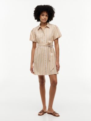 Striped Puff-Sleeve Poplin Shirtdress, Classic Khaki