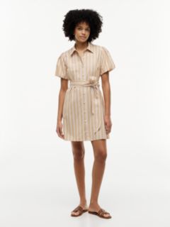 Striped Puff-Sleeve Poplin Shirtdress — Classic Khaki 1