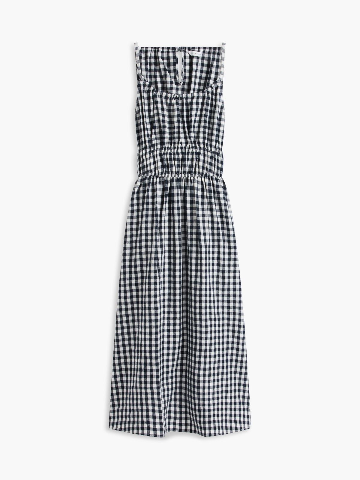 Gingham Shirred Linen-Blend Midi Dress — Navy Blue