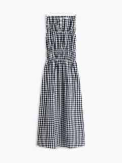 Gingham Shirred Linen-Blend Midi Dress — Navy Blue 5