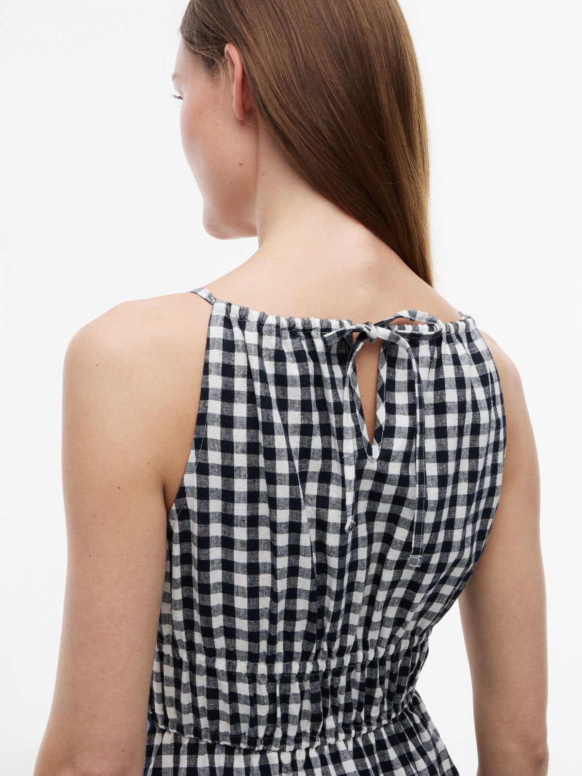 Gingham Shirred Linen-Blend Midi Dress — Navy Blue
