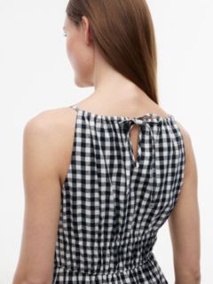 Gingham Shirred Linen-Blend Midi Dress — Navy Blue 2