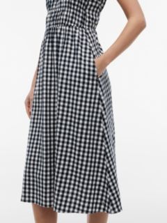 Gingham Shirred Linen-Blend Midi Dress — Navy Blue 3