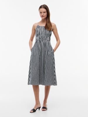 Gingham Shirred Linen-Blend Midi Dress, Navy Blue