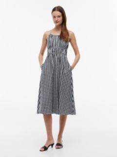 Gingham Shirred Linen-Blend Midi Dress — Navy Blue 1