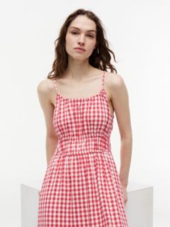 Gingham Shirred Linen-Blend Midi Dress — Bold Rose 2