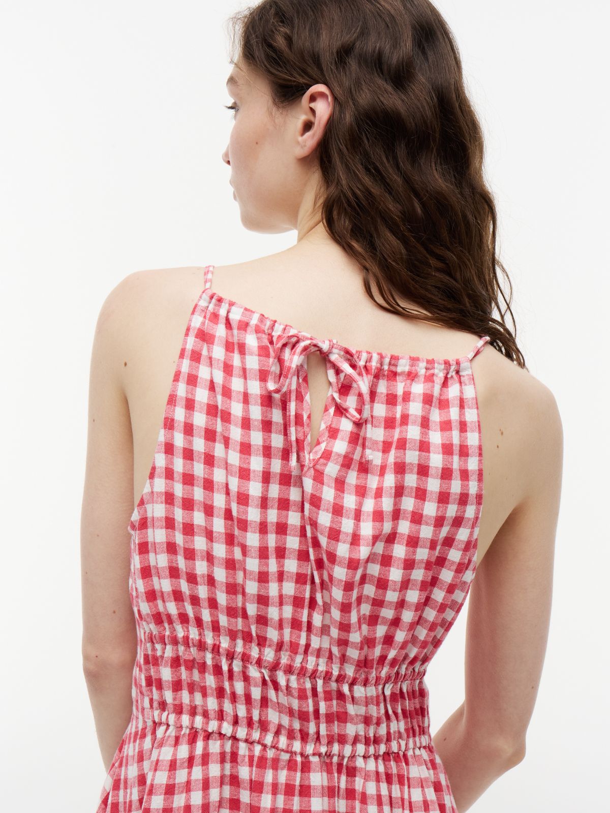 Gingham Shirred Linen-Blend Midi Dress — Bold Rose