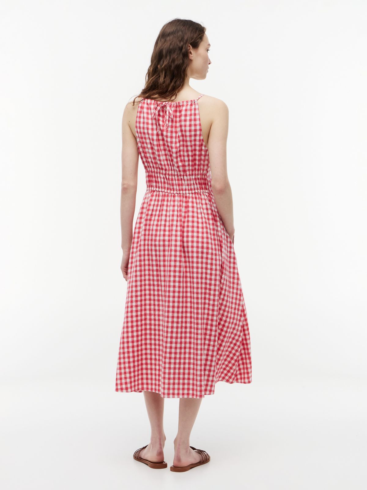 Gingham Shirred Linen-Blend Midi Dress — Bold Rose