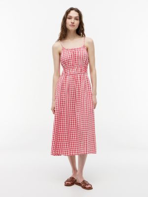 Gingham Shirred Linen-Blend Midi Dress, Bold Rose