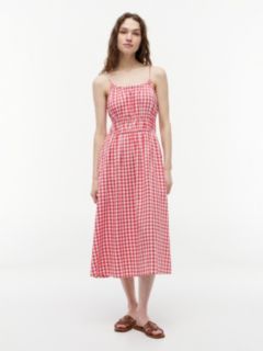 Gingham Shirred Linen-Blend Midi Dress — Bold Rose 1