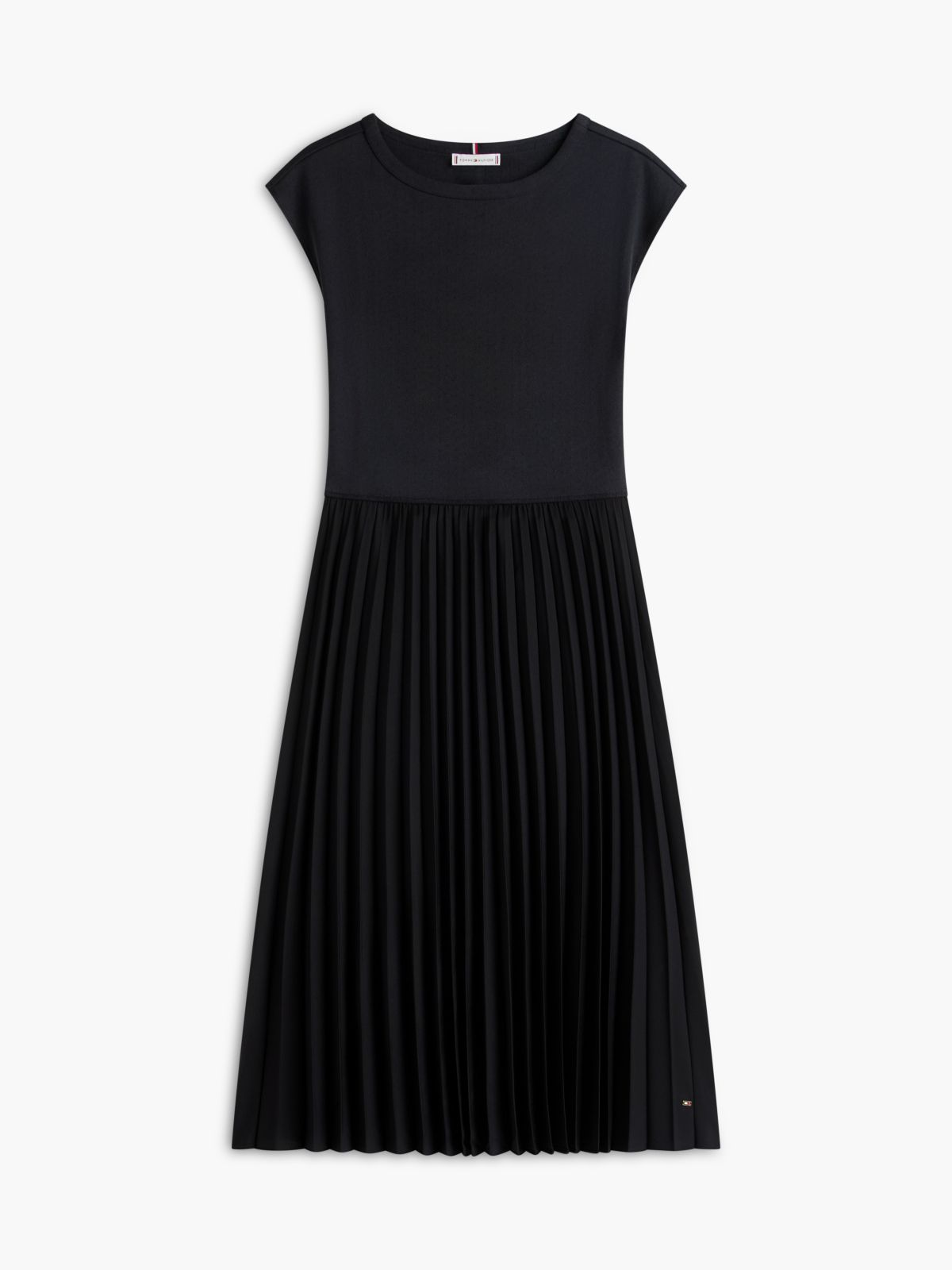 Mixed-Media Pleated Midi Dress — Black