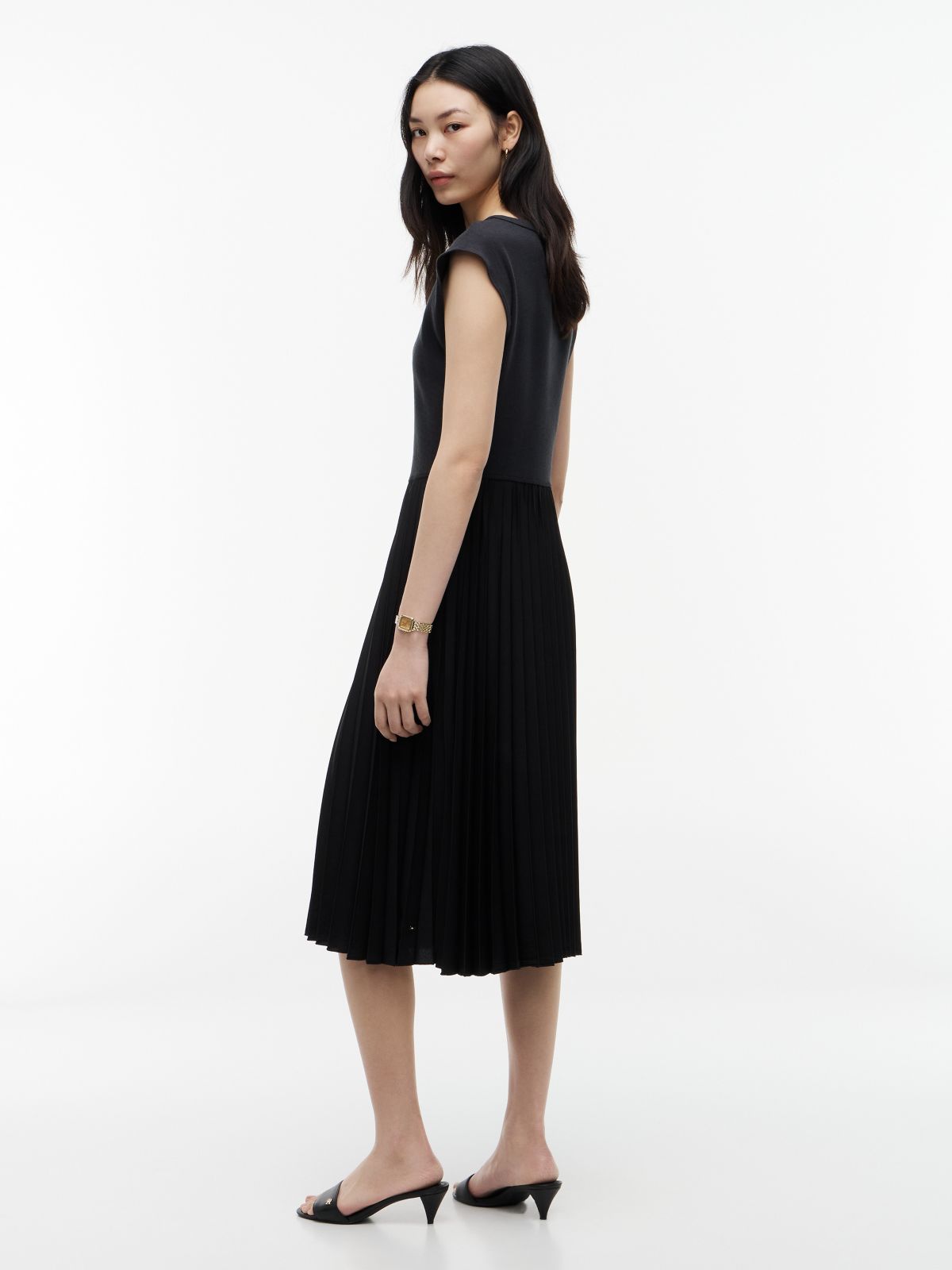 Mixed-Media Pleated Midi Dress — Black