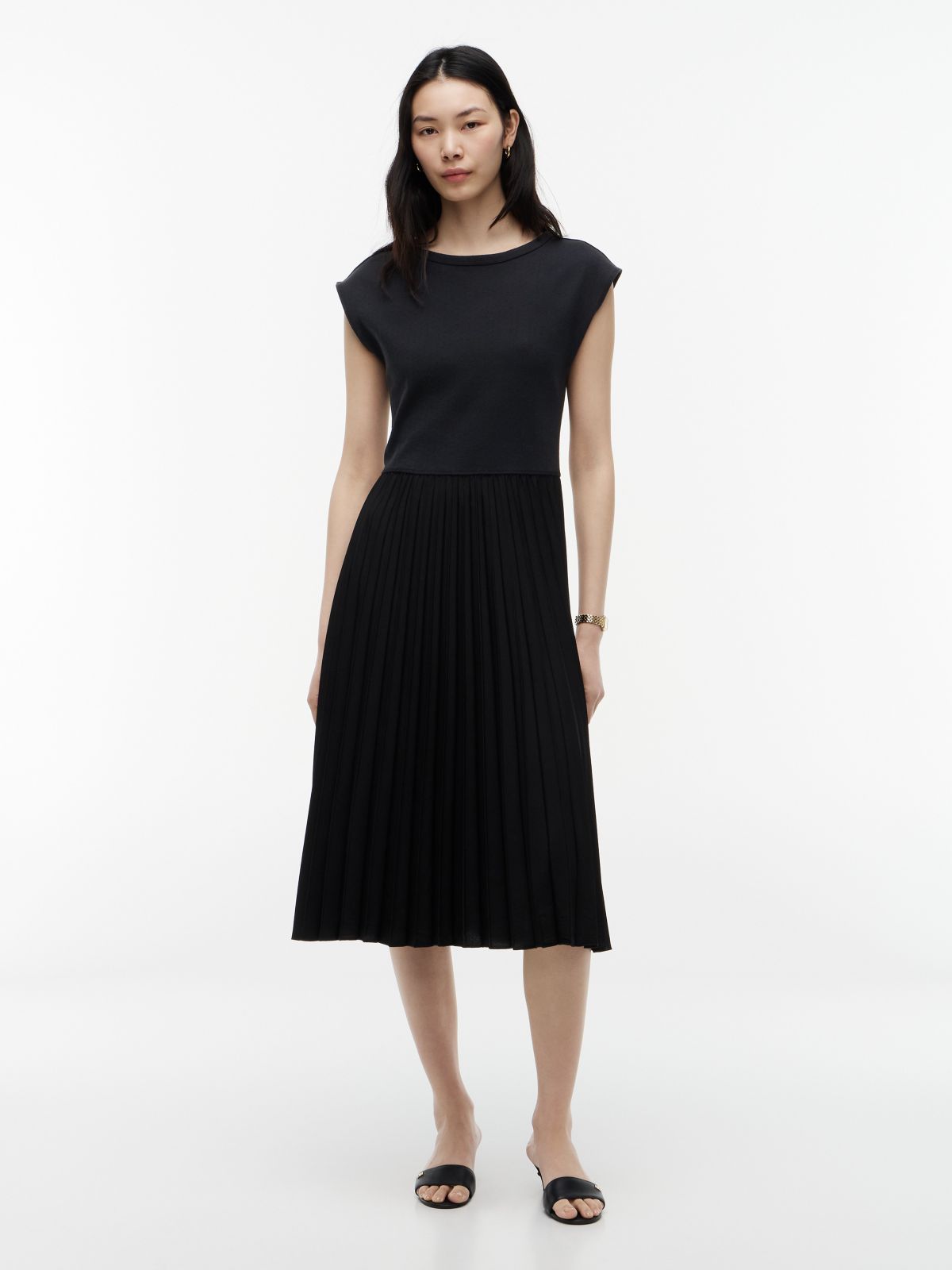 Mixed-Media Pleated Midi Dress — Black
