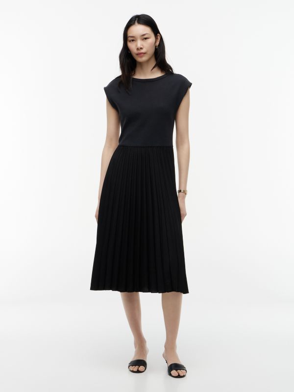 Mixed-Media Pleated Midi Dress — Black