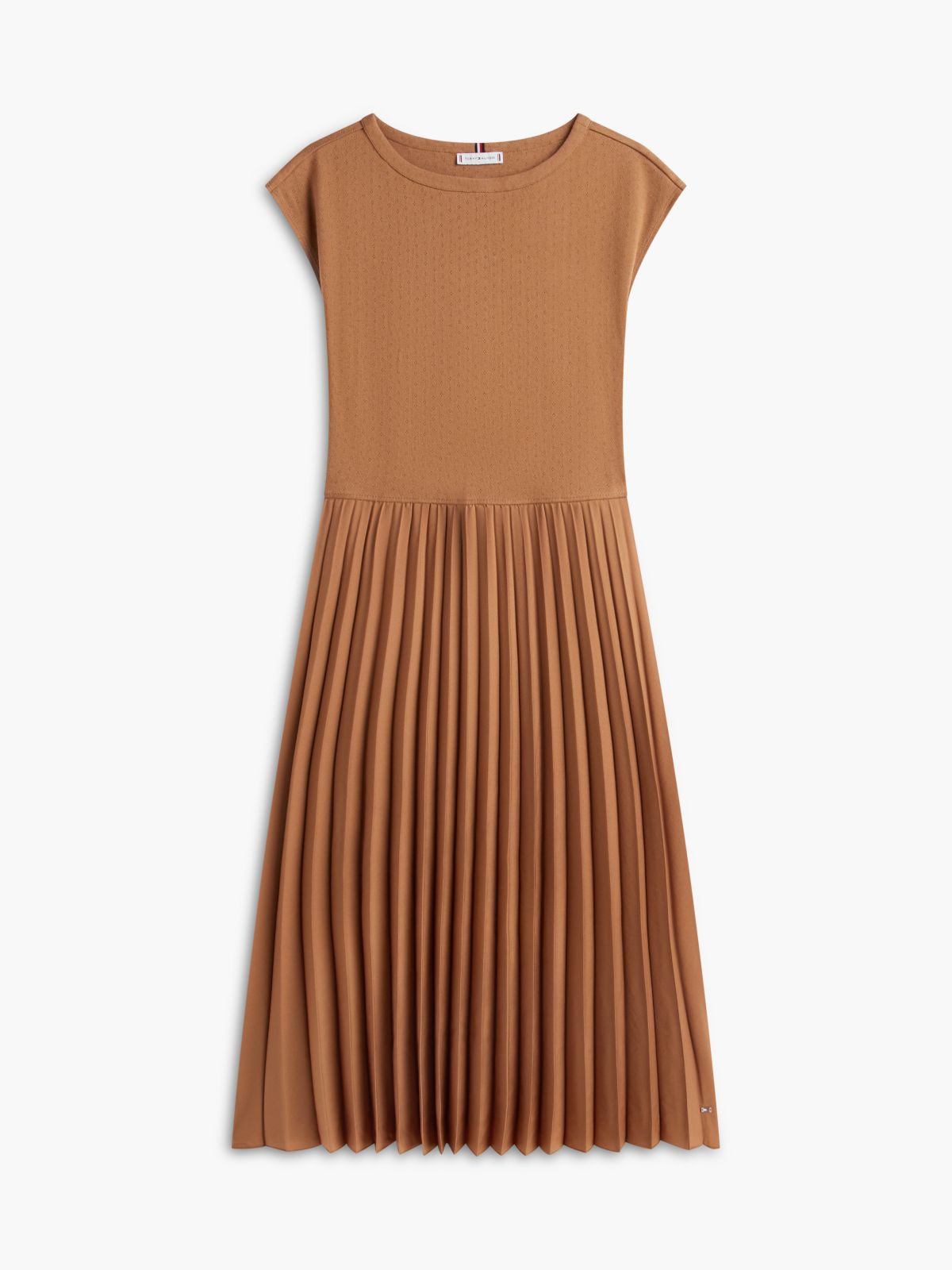 Mixed-Media Pleated Midi Dress — Summer Cognac