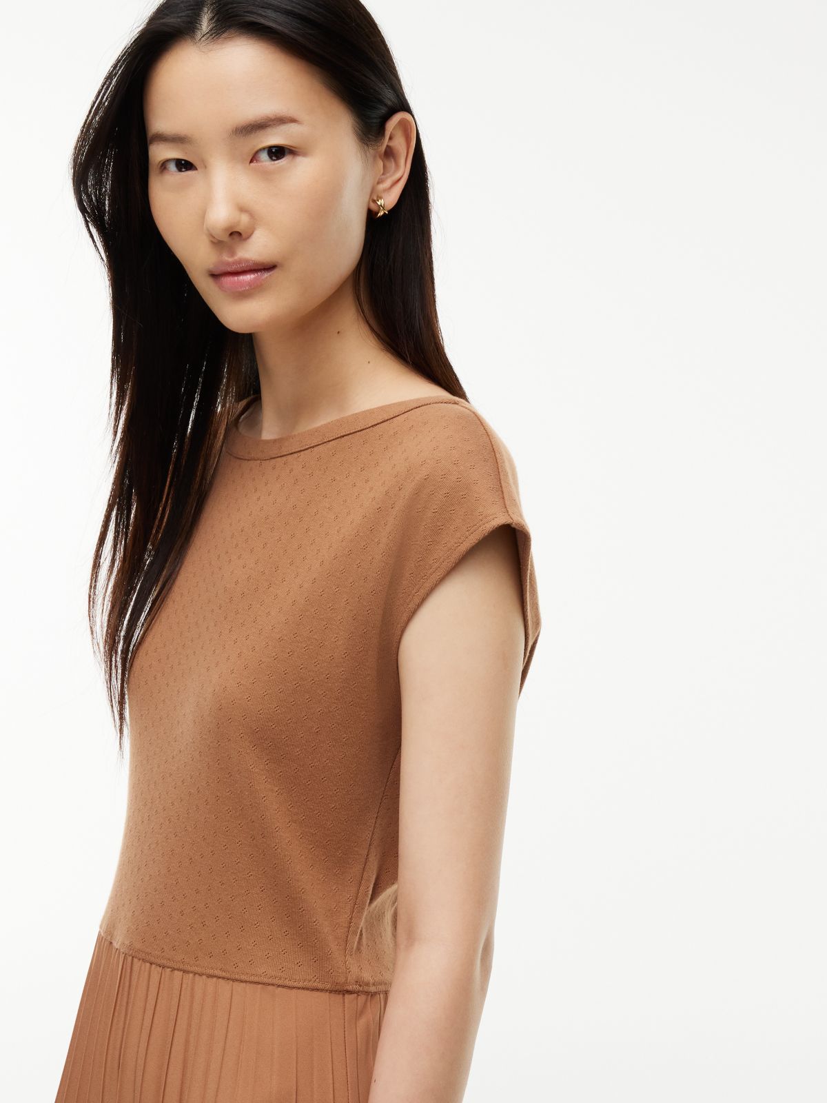 Mixed-Media Pleated Midi Dress — Summer Cognac