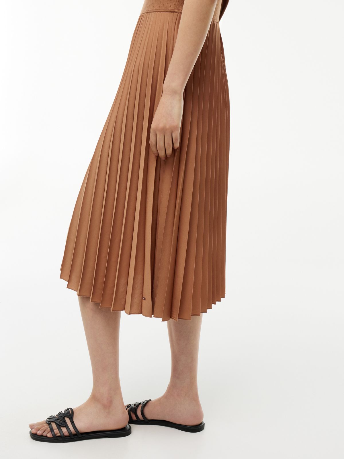 Mixed-Media Pleated Midi Dress — Summer Cognac