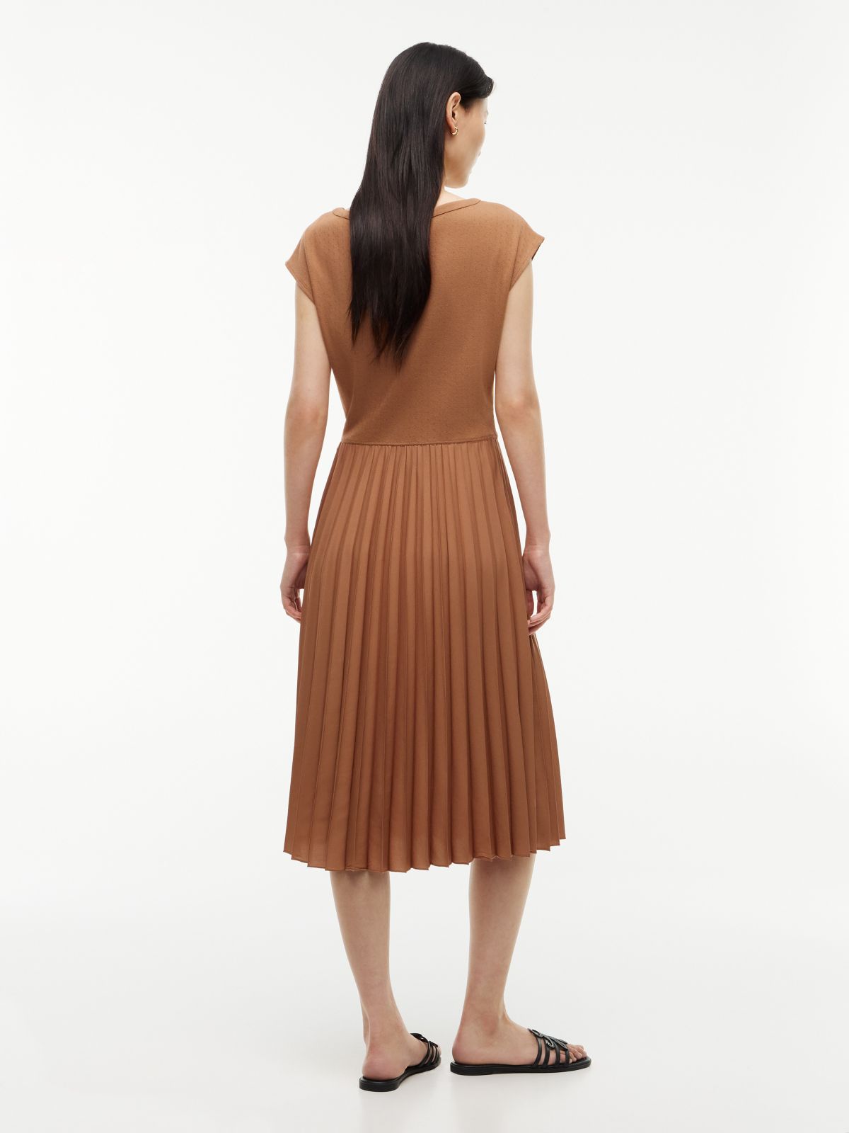 Mixed-Media Pleated Midi Dress — Summer Cognac