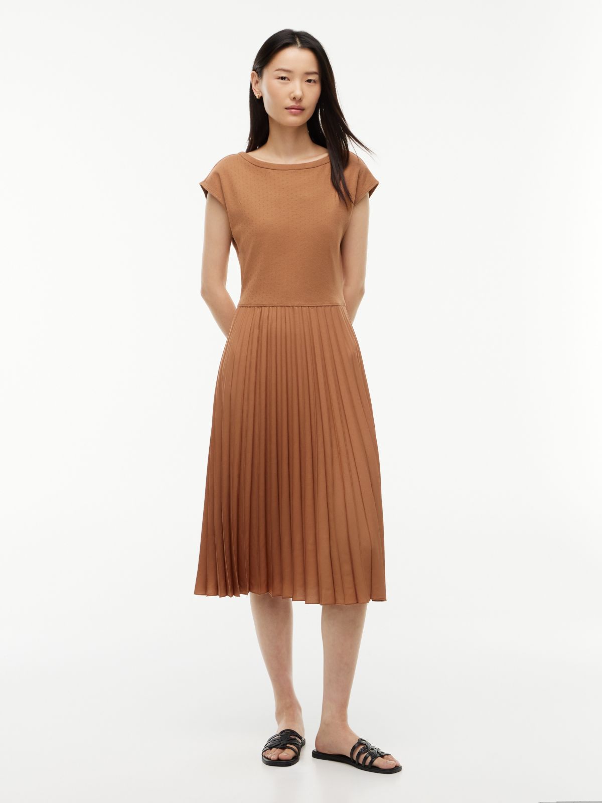 Mixed-Media Pleated Midi Dress — Summer Cognac