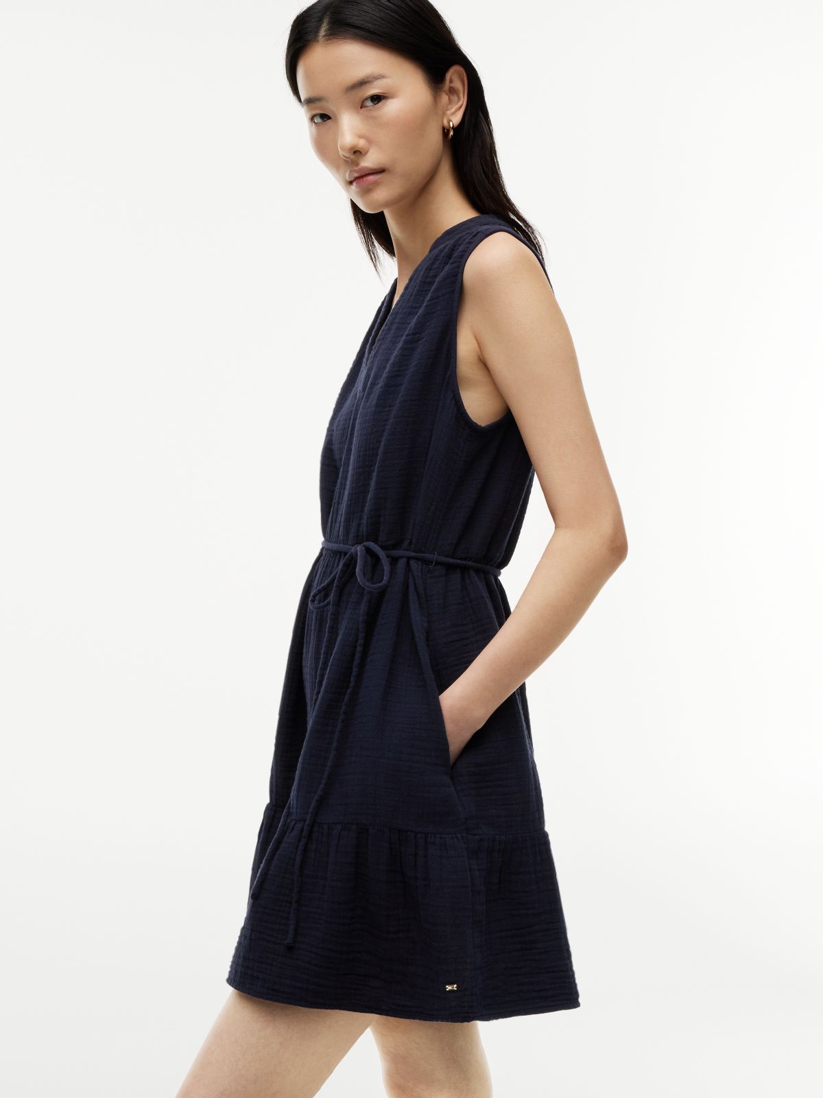 Tiered Cotton Gauze Mini Dress — Navy Blue