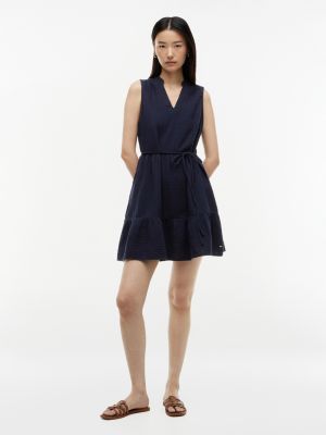 Tiered Cotton Gauze Mini Dress, Navy Blue