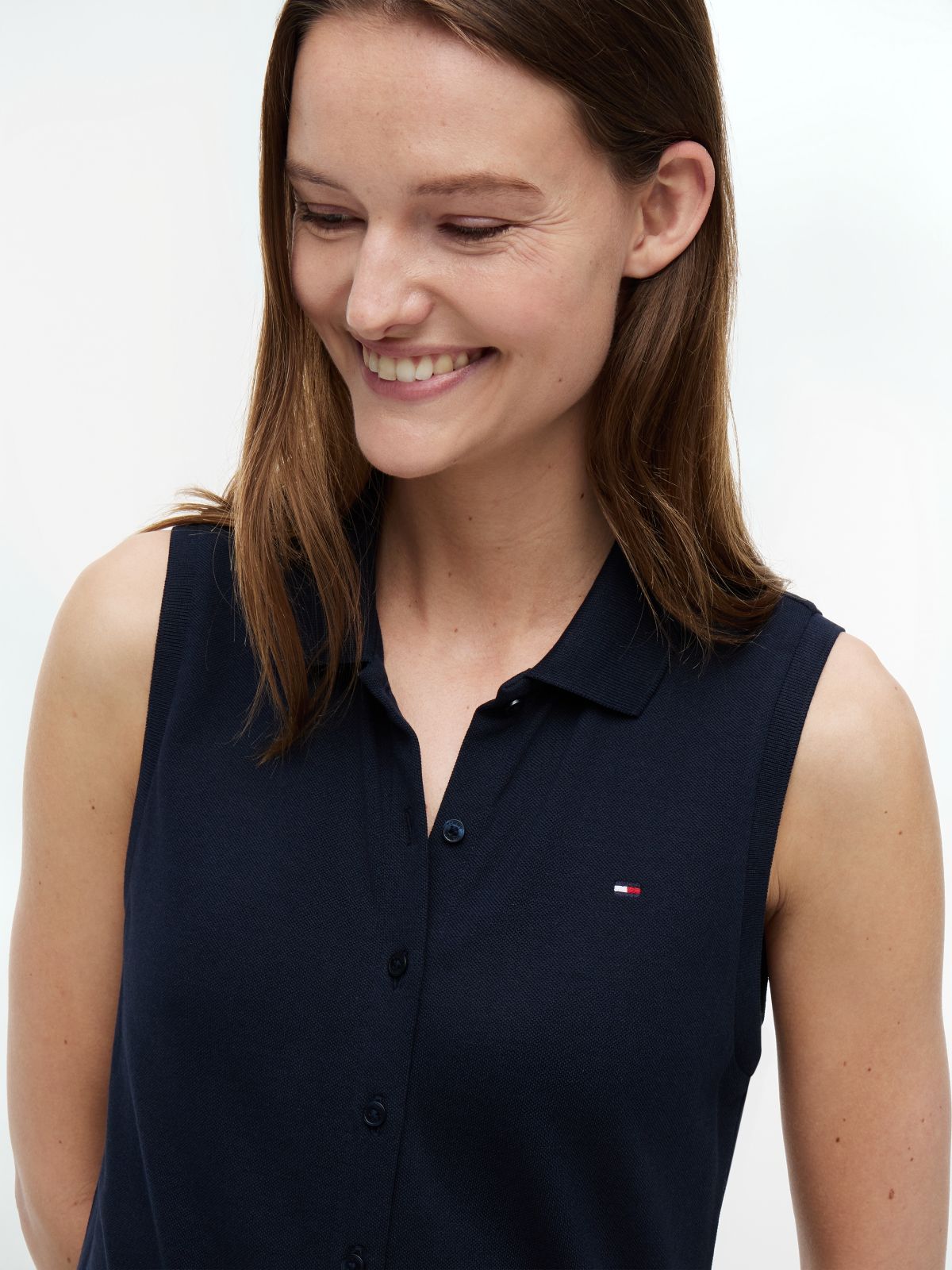 Sleeveless Pique Midi Polo Dress — Navy Blue