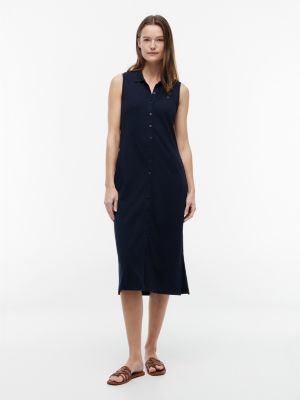 Sleeveless Pique Midi Polo Dress, Navy Blue
