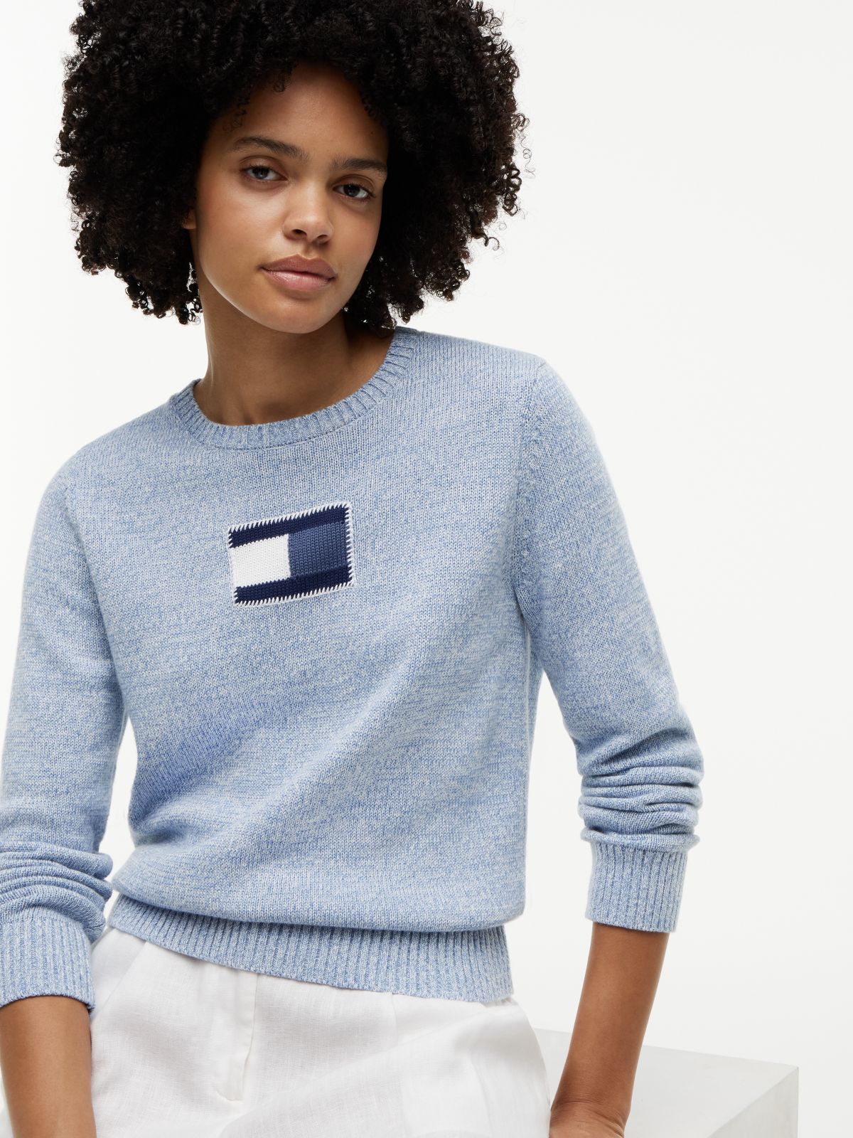 Intarsia Flag Logo Crewneck Sweater — Ecru