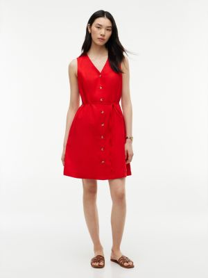 Sleeveless Cotton-Linen Blend Mini Dress, Deep Crimson