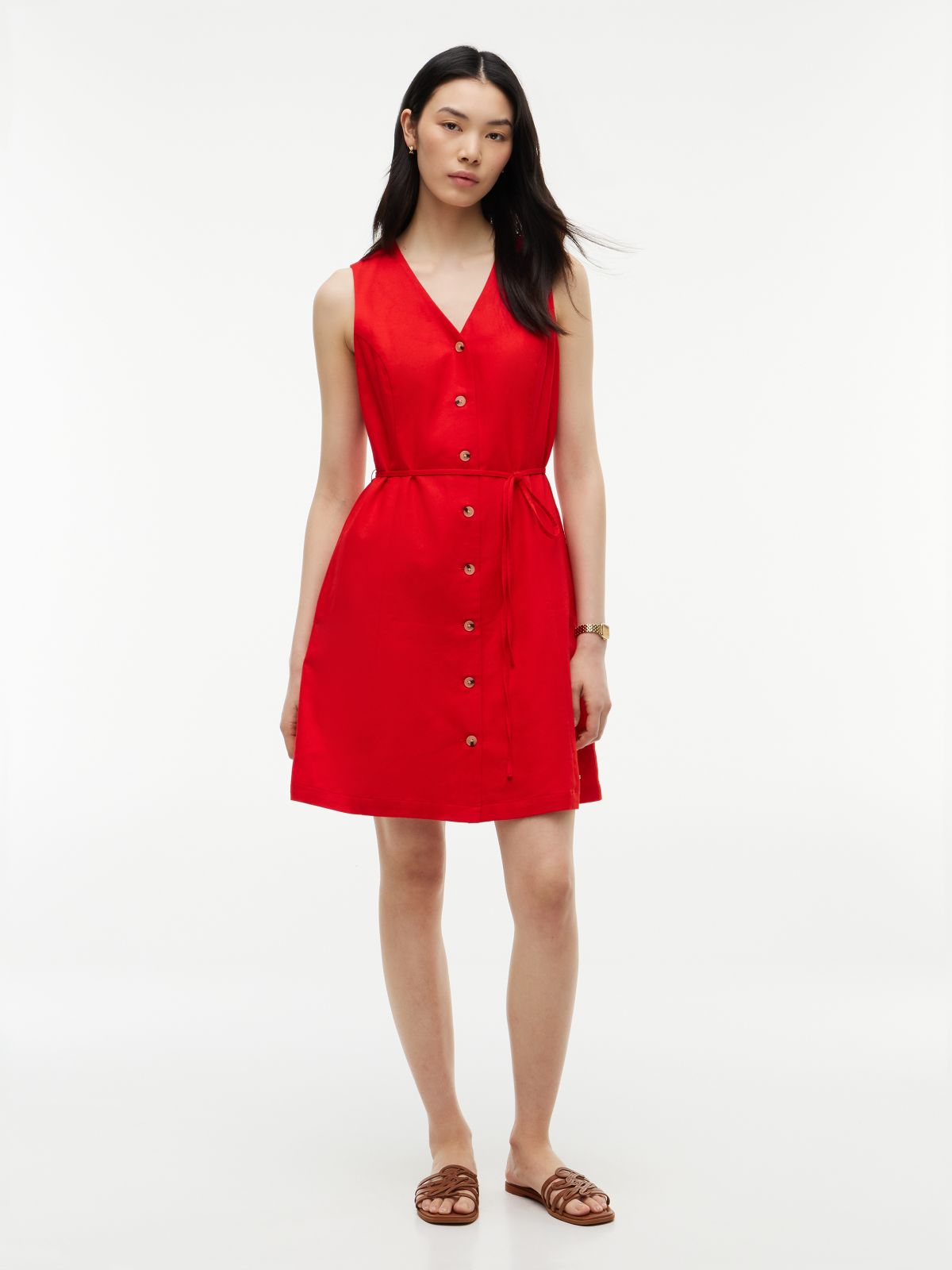 Sleeveless Cotton-Linen Blend Mini Dress — Deep Crimson