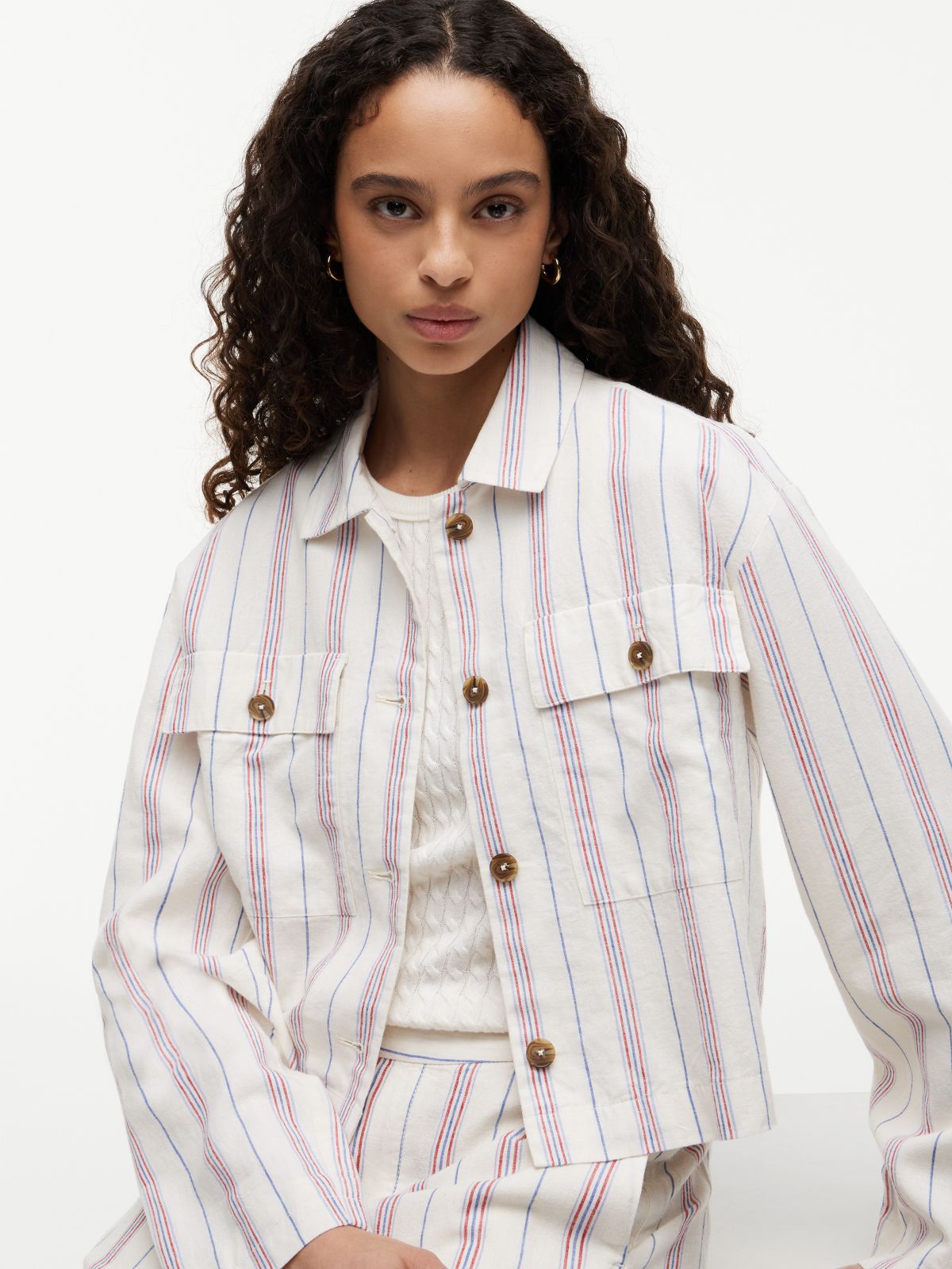 Linen-Blend Cropped Shirt Jacket — Ecru/Multi Stripe