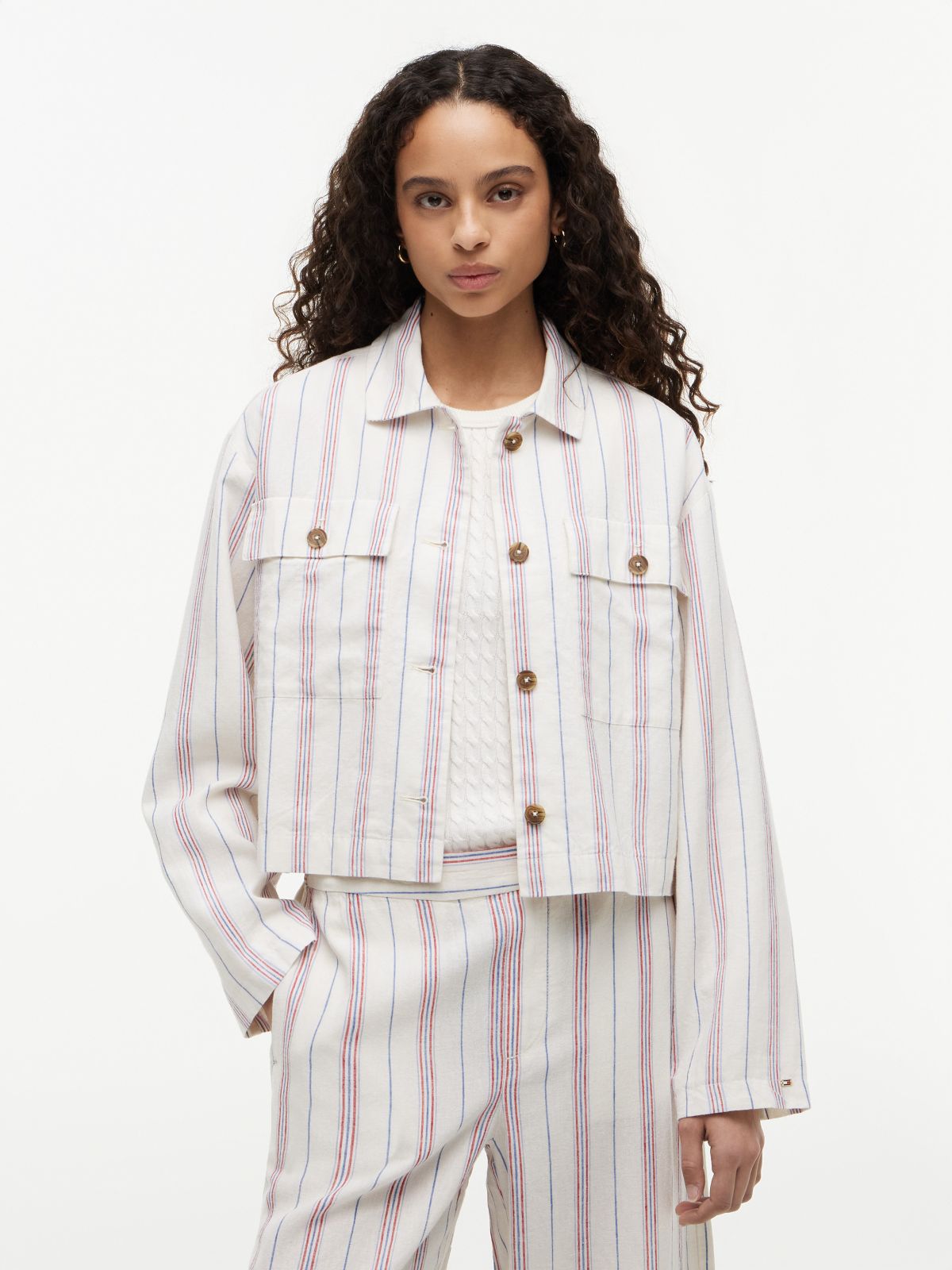 Linen-Blend Cropped Shirt Jacket — Ecru/Multi Stripe
