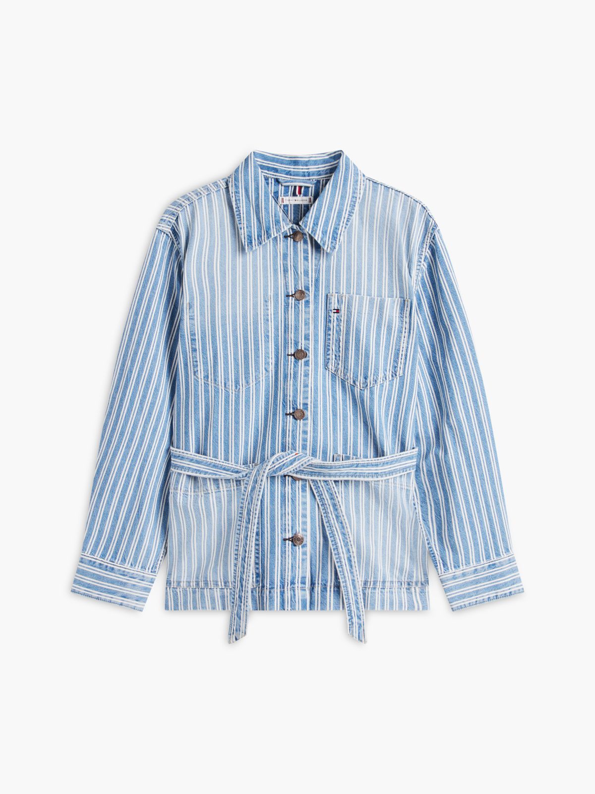 Railroad Stripe Belted Denim Jacket — Medium Wash