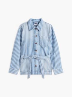 Railroad Stripe Belted Denim Jacket — Medium Wash 6