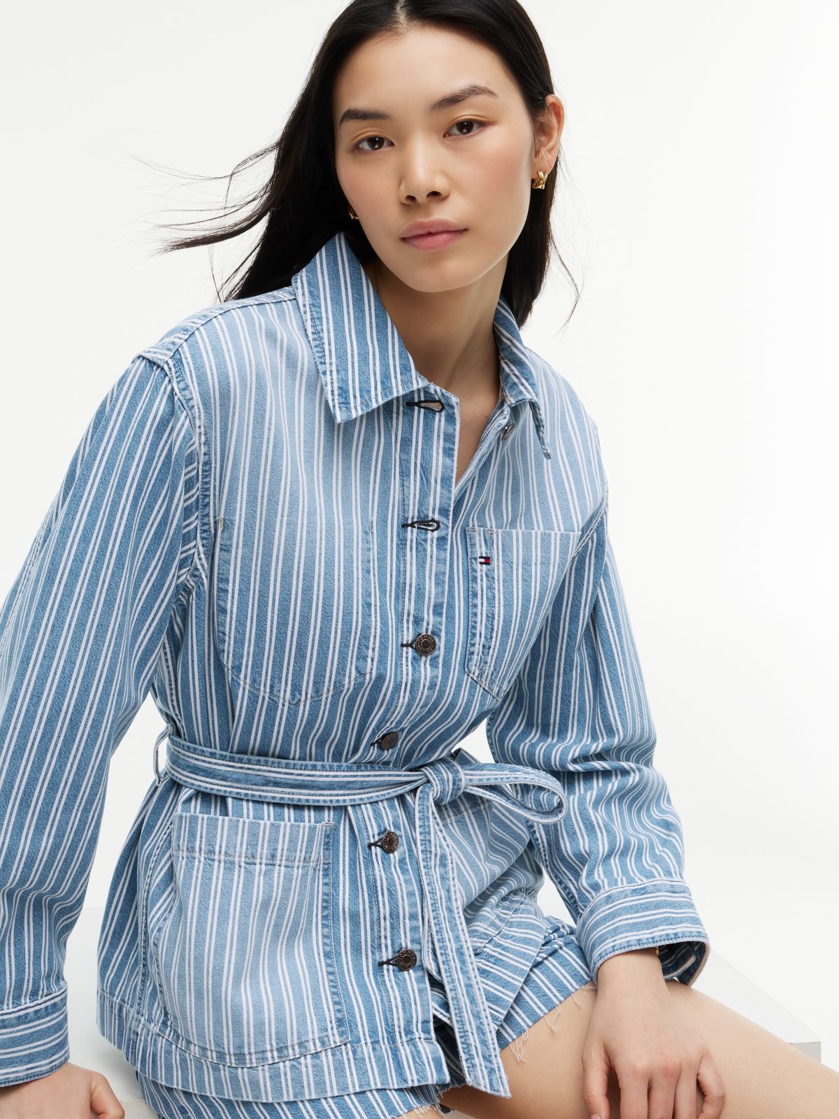 Railroad Stripe Belted Denim Jacket — Medium Wash