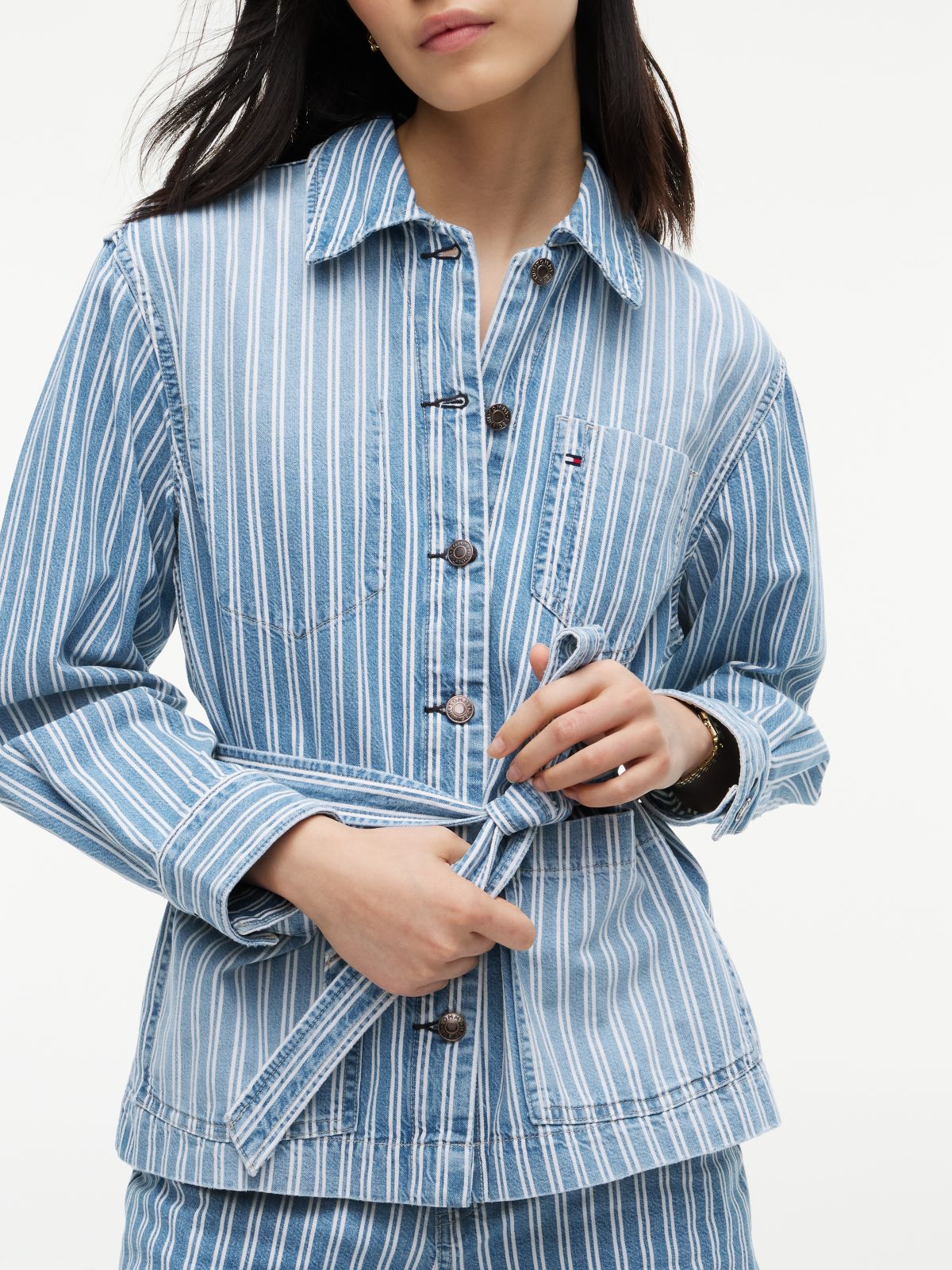 Railroad Stripe Belted Denim Jacket — Medium Wash