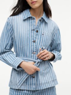 Railroad Stripe Belted Denim Jacket — Medium Wash 4