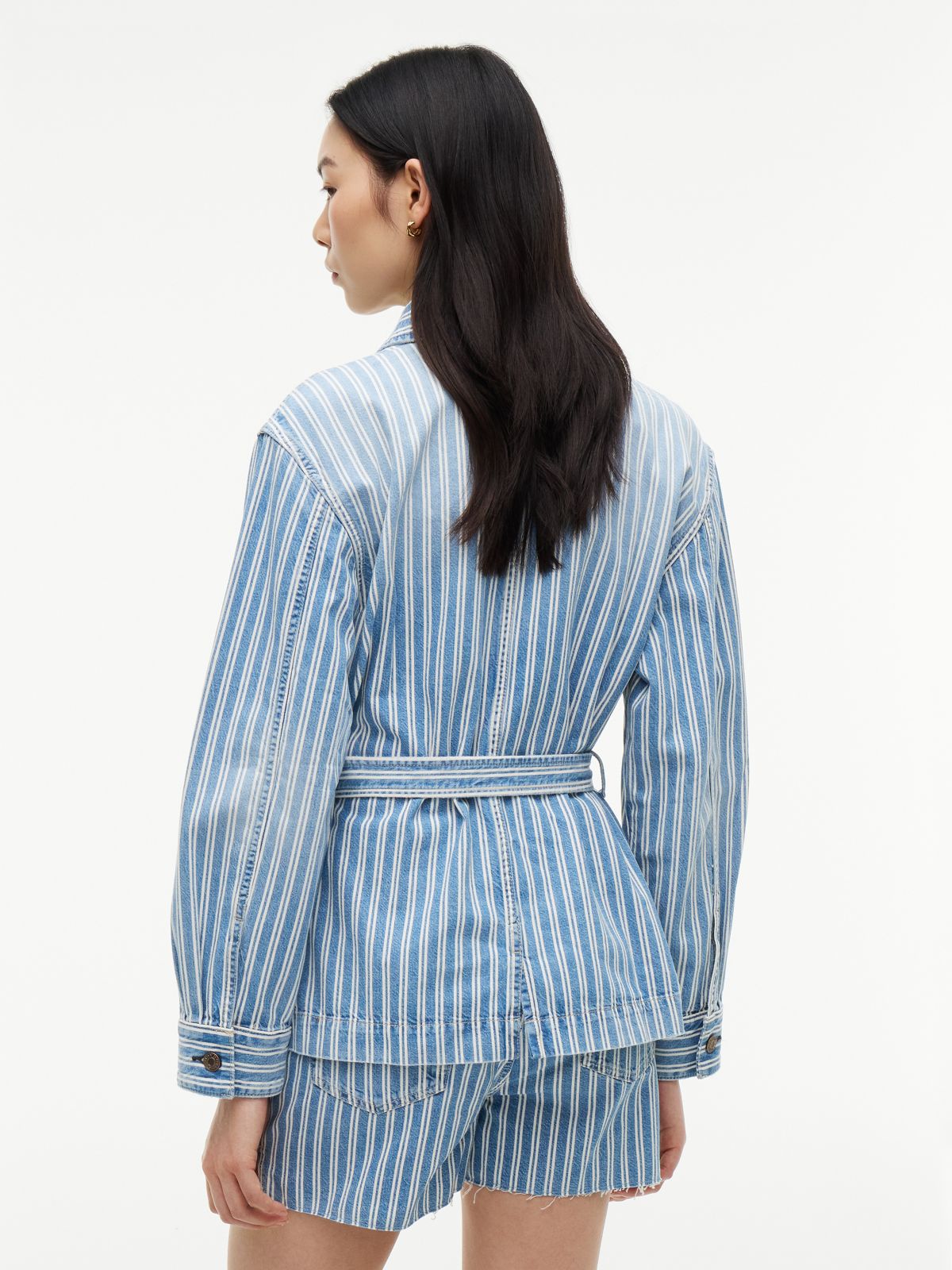 Railroad Stripe Belted Denim Jacket — Medium Wash