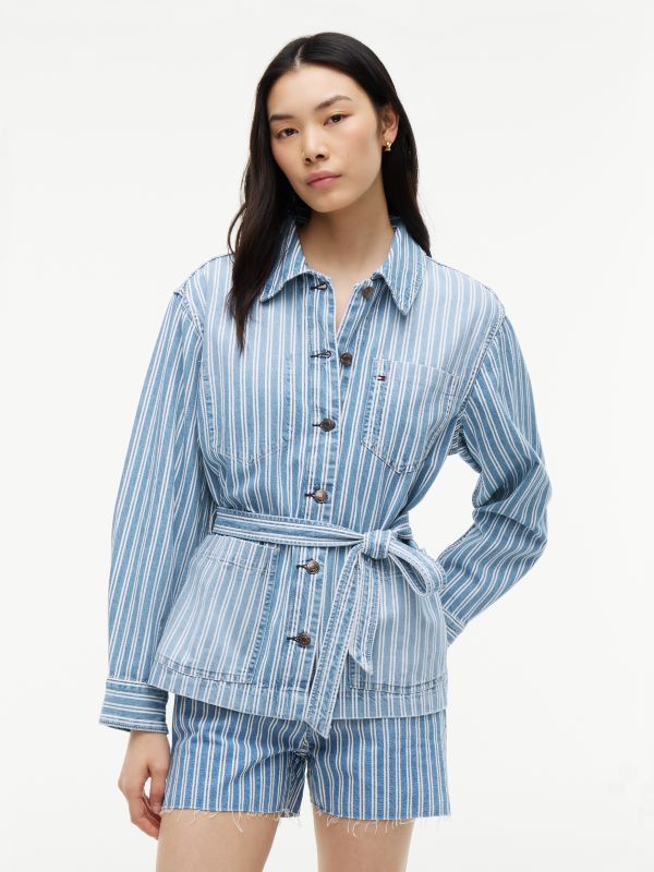 Railroad Stripe Belted Denim Jacket — Medium Wash