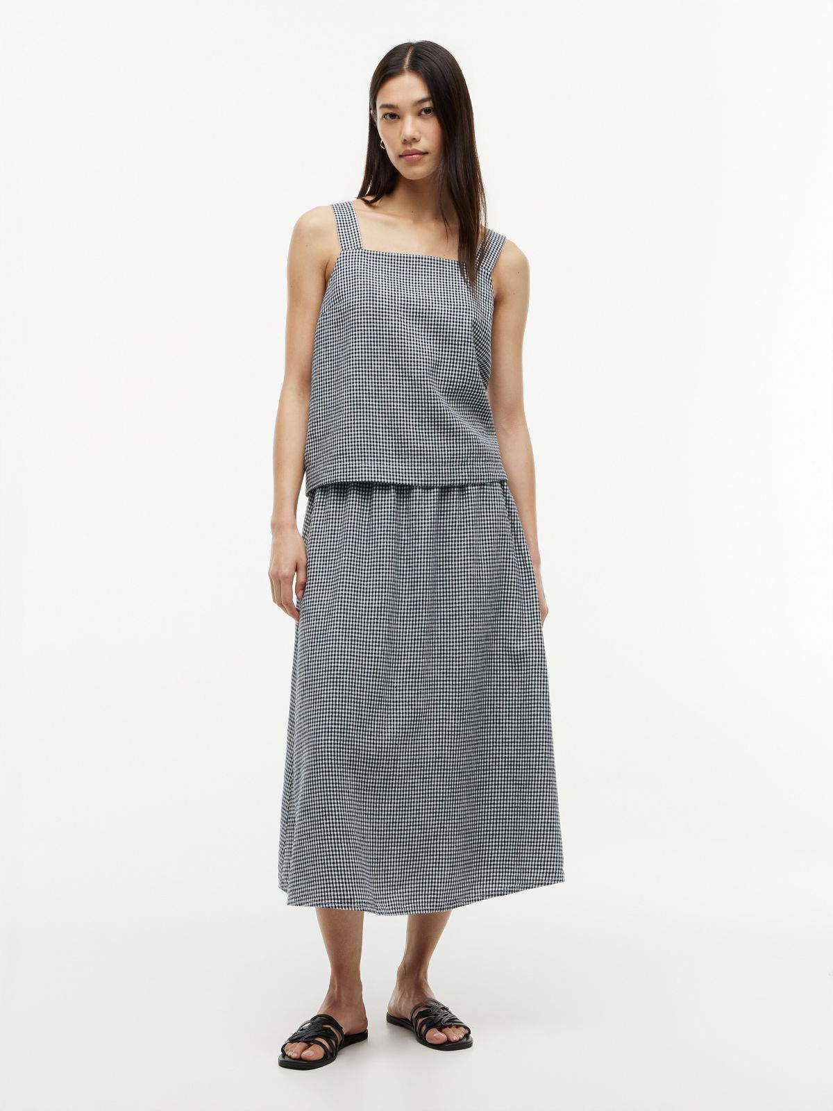 Gingham Linen-Blend Tank Top — Navy Blue