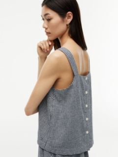 Gingham Linen-Blend Tank Top — Navy Blue 3